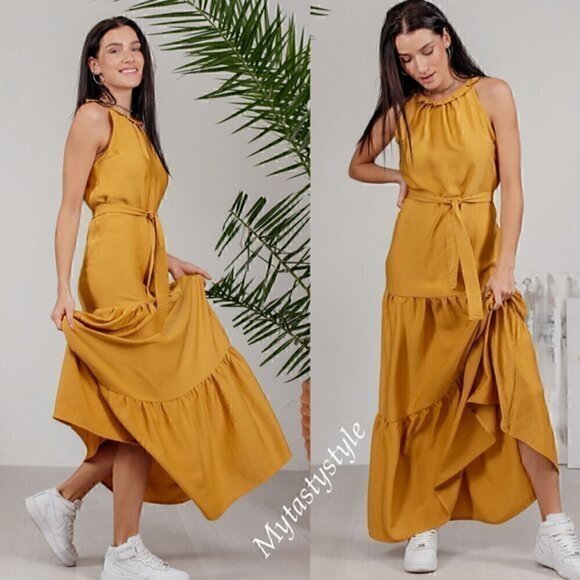 NWT Tiered Maxi Boho Belted Ruffled Sleeveless Yellow Amber Crepe Satin … - Picture 3 of 13